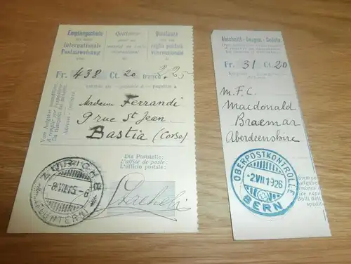 Oberpostkontrolle , 1915/26 , Bern , Zürich , Fluntern , Postanweisung , Post , Quittung , Bastia , Aberdeenshire !!!