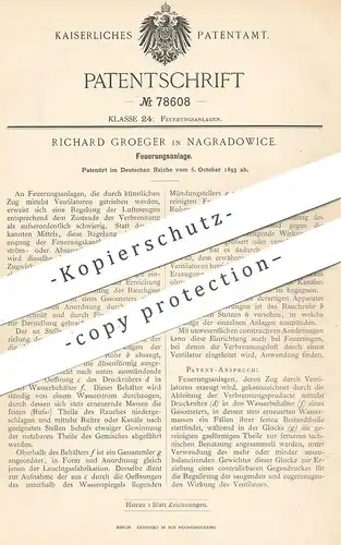 original Patent - Richard Groeger , Nagradowice , 1893 , Feuerungsanlage | Feuerung , Ofen , Heizung | Ventilator !!!