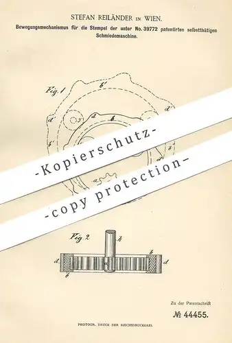 original Patent - Stefan Reiländer , Wien  Österreich 1888 , Bewegung der Stempel an Schmiedemaschine | Schmied , Metall