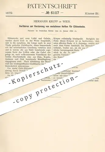 original Patent - Hermann Krupp , Wien , Österreich 1879 , Verzierung von Essbesteck | Besteck | Gabel , Messer , Löffel