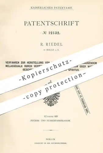original Patent - R. Riedel , Halle / Saale , 1880 , Herstellung von Melassekalk | Melasse - Kalk | Spiritus | Scheibler