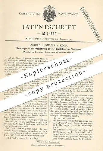 original Patent - August Hegener , Köln / Rhein  1880 , Fraktionierung bei Destillation von Steinkohle | Gas , Leuchtgas