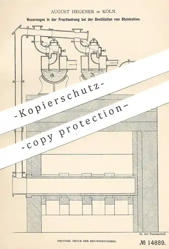 original Patent - August Hegener , Köln / Rhein  1880 , Fraktionierung bei Destillation von Steinkohle | Gas , Leuchtgas