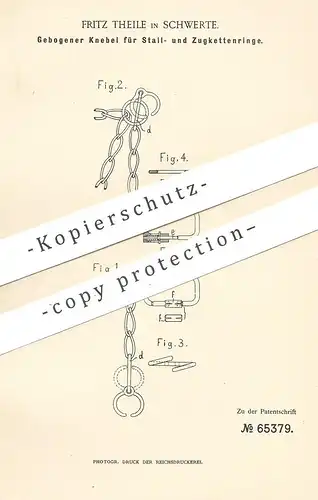 original Patent - Fritz Theile , Schwerte , 1891 , Knebel für Stall- und Zugkettenringe | Kette , Ketten , Kettenglied