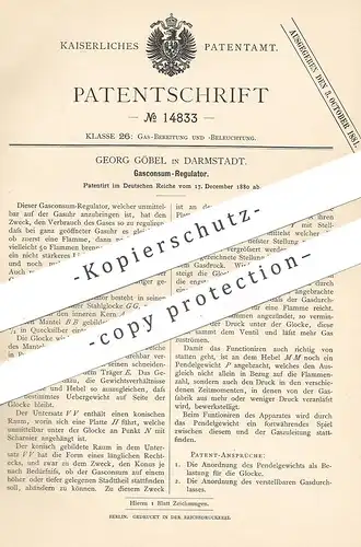 original Patent - Georg Göbel , Darmstadt , 1880 , Gaskonsum - Regulator | Gasregulator | Gasuhr | Gas , Gase !!!