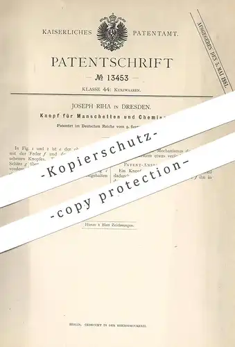 original Patent - Joseph Riha , Dresden , 1880 , Knopf für Manschetten und Chemisettes | Knöpfe | Schneider !!