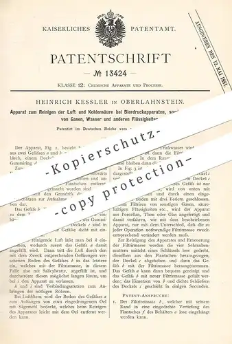 original Patent - Heinrich Kessler , Oberlahnstein , 1880 , Reinigen v. Luft u. Kohlensäure an Bierdruckapparat | Filter