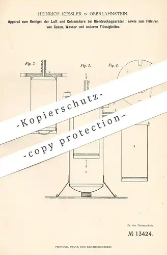 original Patent - Heinrich Kessler , Oberlahnstein , 1880 , Reinigen v. Luft u. Kohlensäure an Bierdruckapparat | Filter