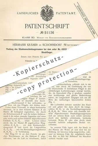 original Patent - Hermann Krämer , Schorndorf  1889 , Staubausscheidungsraum am Lüfter mit Staubfänger | Mühle , Mühlen