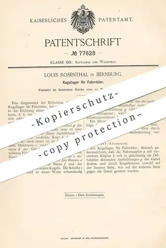 original Patent - Louis Rosenthal , Bernburg , 1893 , Kugellager für Fahrräder | Fahrrad | Rad - Lager | Kugelbahn !!!