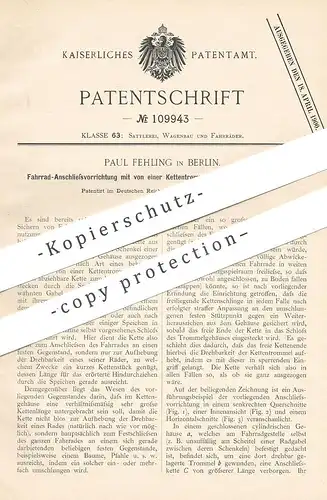 original Patent - Paul Fehling , Berlin , 1898 , Fahrrad - Schloss | Kette , Fahrradkette | Fahrräder , Verschluss !!