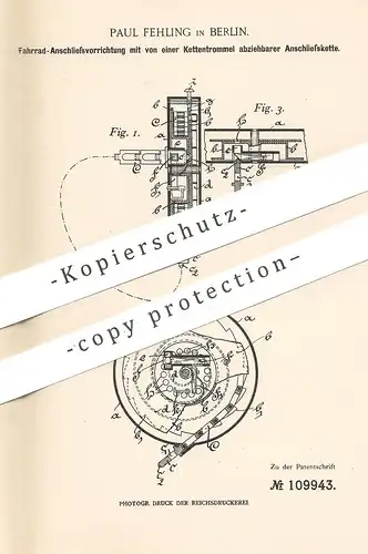 original Patent - Paul Fehling , Berlin , 1898 , Fahrrad - Schloss | Kette , Fahrradkette | Fahrräder , Verschluss !!