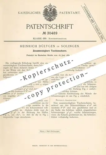 original Patent - Heinrich Dültgen , Solingen , 1884 , Zusammenlegbare Taschenschere | Schere , Scheren , Messer !!!