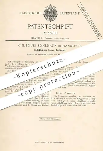 original Patent - C. B. Louis Söhlmann , Hannover , 1885 , Kerzen - Auslöscher | Kerze | Kerzenflammlöscher , Flamme !!!