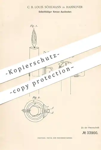 original Patent - C. B. Louis Söhlmann , Hannover , 1885 , Kerzen - Auslöscher | Kerze | Kerzenflammlöscher , Flamme !!!