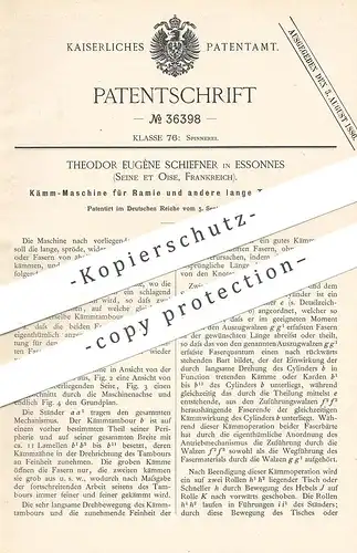 original Patent - Theodor Eugène Schiefner , Essonnes , Seine et Oise , Frankreich , 1885 , Kämmmaschine für Ramie !!