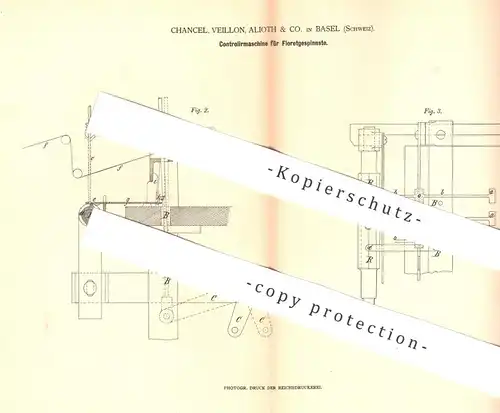 original Patent - Chancel , Veillon , Alioth & Co. , Basel , Schweiz , 1879 , Kontrolliermaschine für Floretgespinste