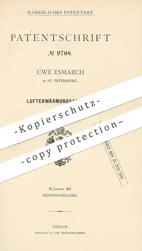 original Patent - Uwe Esmarch , St. Petersburg , Russland , 1879 ,  Lufterwärmungsapparat | Lufterwärmung | Heizung !!!