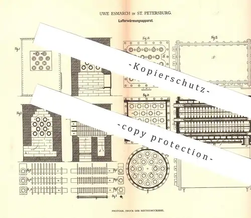 original Patent - Uwe Esmarch , St. Petersburg , Russland , 1879 ,  Lufterwärmungsapparat | Lufterwärmung | Heizung !!!