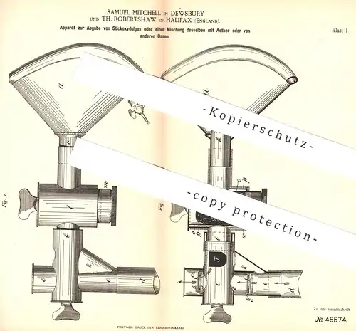 original Patent - Samuel Mitchell , Dewsbury , Th. Robertshaw , Halifax , England , Abgabe von Stickoxydulgas | Aether