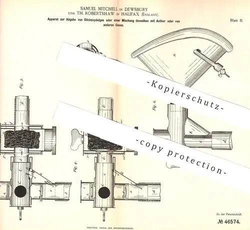 original Patent - Samuel Mitchell , Dewsbury , Th. Robertshaw , Halifax , England , Abgabe von Stickoxydulgas | Aether