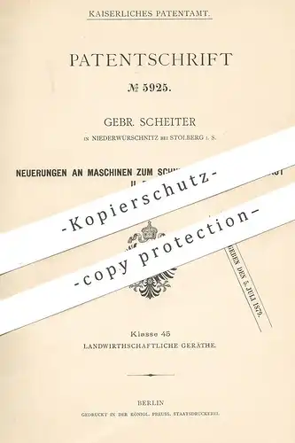original Patent - Gebrüder Scheiter , Niederwürschnitz / Stolberg , 1879 , Schneidmaschine für Rüben , Kraut | Zucker