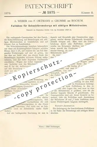 original Patent - A. Weber , F. Ortmann , Grumme / Bochum , 1878 , Fallbühne für Schachtbremsberg | Bergwerk , Bergbau