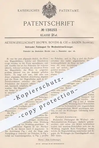 original Patent - AG Brown, Boveri & Cie , Baden , Schweiz , 1901 , Feldmagnet f. Wechselstrom Erzeuger | Magnet , Strom