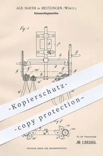 original Patent - Alb. Barth , Reutlingen , 1902 , Schneeschlagmaschine | Rührgerät , Mixer , Konditor , Schlagbesen !!