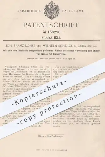 original Patent - Joh. Franz Lohse , Wilhelm Schulze , Gera / Reuss , 1902 , Stützen der Wagen mit Gummireifen | Reifen