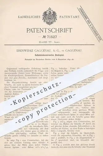 original Patent - Eisenwerke Gaggenau AG , 1891 , Selbstkassierendes Drehspiel | Spiel mit Münzeinwurf | Sport