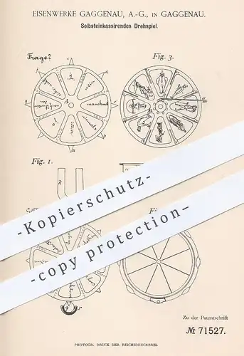 original Patent - Eisenwerke Gaggenau AG , 1891 , Selbstkassierendes Drehspiel | Spiel mit Münzeinwurf | Sport