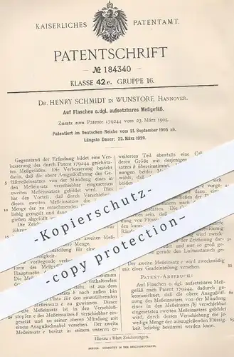 original Patent - Dr. Henry Schmidt , Wunstorf  Hannover 1905 , auf Flaschen aufsetzbares Messgefäß | Flüssigkeit messen