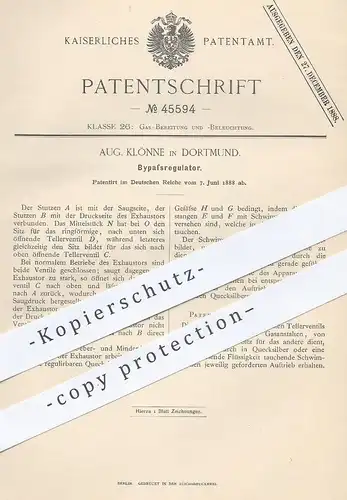 original Patent - Aug. Klönne , Dortmund , 1888 , Bypassregulator | Bypass - Regulator | Gas , Exhaustor , Licht !!!