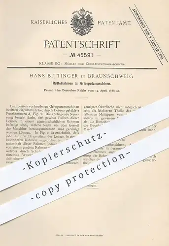 original Patent - Hans Bittinger , Braunschweig , 1888 , Rüttelrahmen an Griesputzmaschinen | Gries , Mühle , Mühlen !