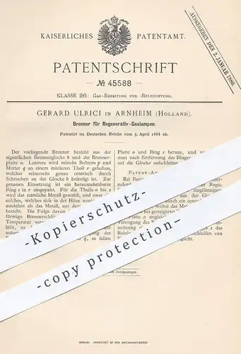 original Patent - Gerard Ulrich , Arnheim , Holland 1888 , Brenner für Regenerativ - Gaslampe | Gasbrenner , Gas , Lampe