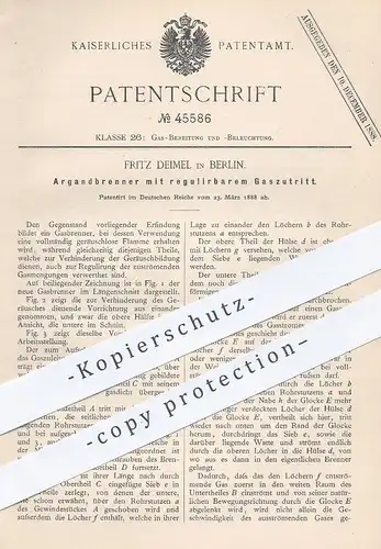 original Patent - Fritz Deimel , Berlin , 1888 , Argandbrenner mit regulierbarem Gaszutritt | Gas - Brenner , Licht !!