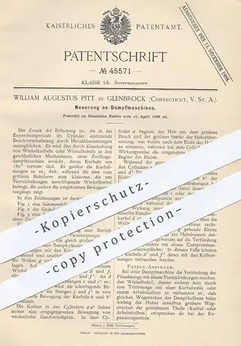 original Patent - William Augustus Pitt , Glenbrock , Connecticut , USA , 1888 , Dampfmaschine | Dampfmaschinen , Motor