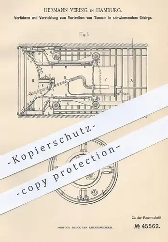 original Patent - Hermann Vering , Hamburg , 1888 , Vortreiben von Tunneln in schwimmendem Gebirge | Bergbau , Tunnel !!