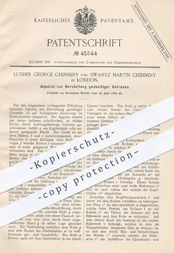 original Patent - Luther George und Swartz Martin Chinnery , London , 1888 , Herst. gashaltiger Getränke | Kohlensäure