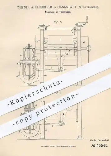 original Patent - Werner & Pfleiderer , Cannstatt / Stuttgart , 1888 , Teigwalze | Teigwalzen | Teig - Walze , Bäcker !