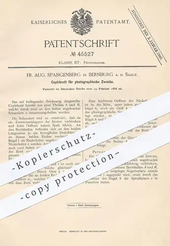 original Patent - Fr. Aug. Spangenberg , Bernburg / Saale , 1888 , Kopierbrett für Photographie | Fotograf , Fotografie