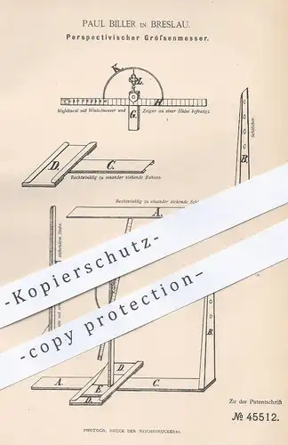 original Patent - Paul Biller , Breslau , 1888 , Perspektivischer Größenmesser | Messen der Größe , Lineal , Winkel !!!