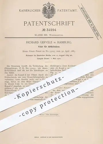 original Patent - Richard Gerville , Hamburg , 1885 , Filter für Abflusshahn | Filter , Wasserhahn , Abfluss , Klempner