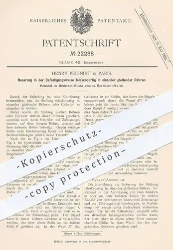 original Patent - Henry Peigniet , Paris , 1882 , teleskopartig in einander gleitende Röhren | Rohr , Röhren , Teleskop