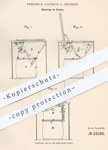 original Patent - Friedrich Gappisch , Dresden , 1882 , Kloset | WC , Abort , Toilette , Klempner , Spülung !!!