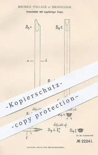 original Patent - Maurice Pollack , Birmingham , England , 1882 , Federhalter mit Feder | Füllhalter , Schreibfeder !!