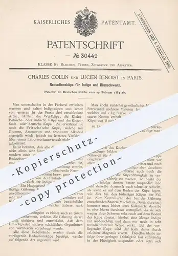 original Patent - Charles Collin , Lucien Benoist , Paris Frankreich 1884 , Reduktionsküpe für Indigo Blauschwarz | Küpe
