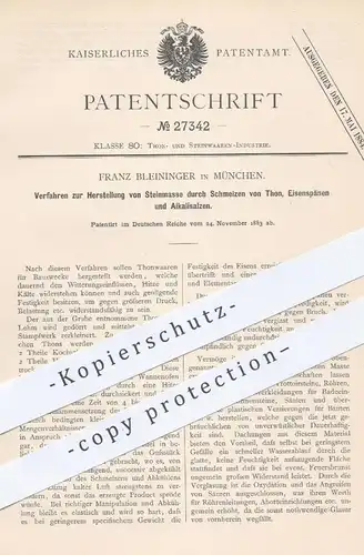 original Patent - Franz Bleininger , München , 1883 , Herst. von Steinmasse durch Schmelzen von Ton , Eisen , Alkalisalz