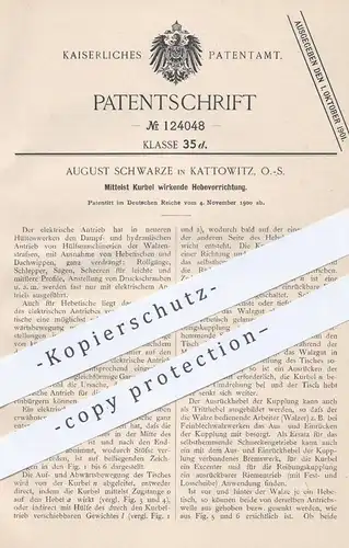 original Patent - August Schwarze , Kattowitz , 1900 , Mittels Kurbel wirkende Hebevorrichtung | Antrieb , Aufzug